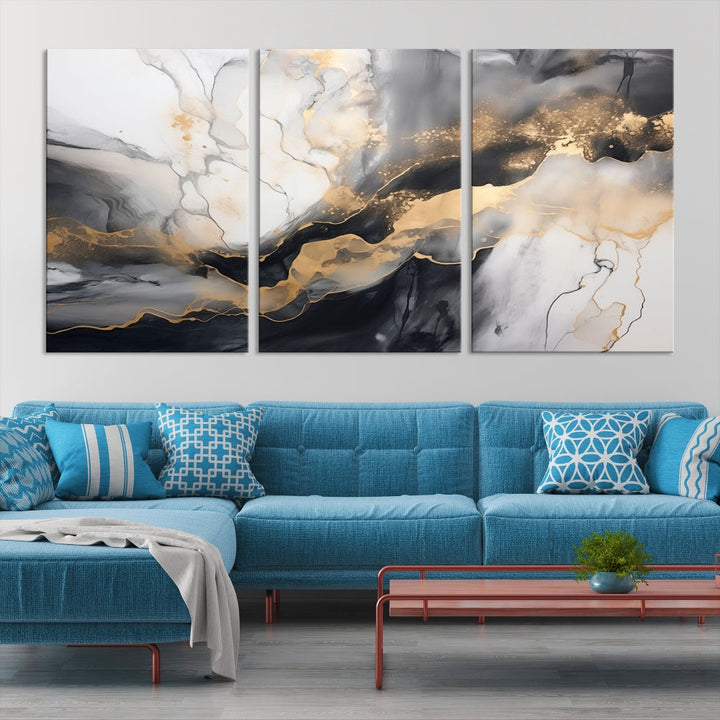 Gold Gray Painting Modern Canvas Wall Art Print Framed Abstract Wall Decor