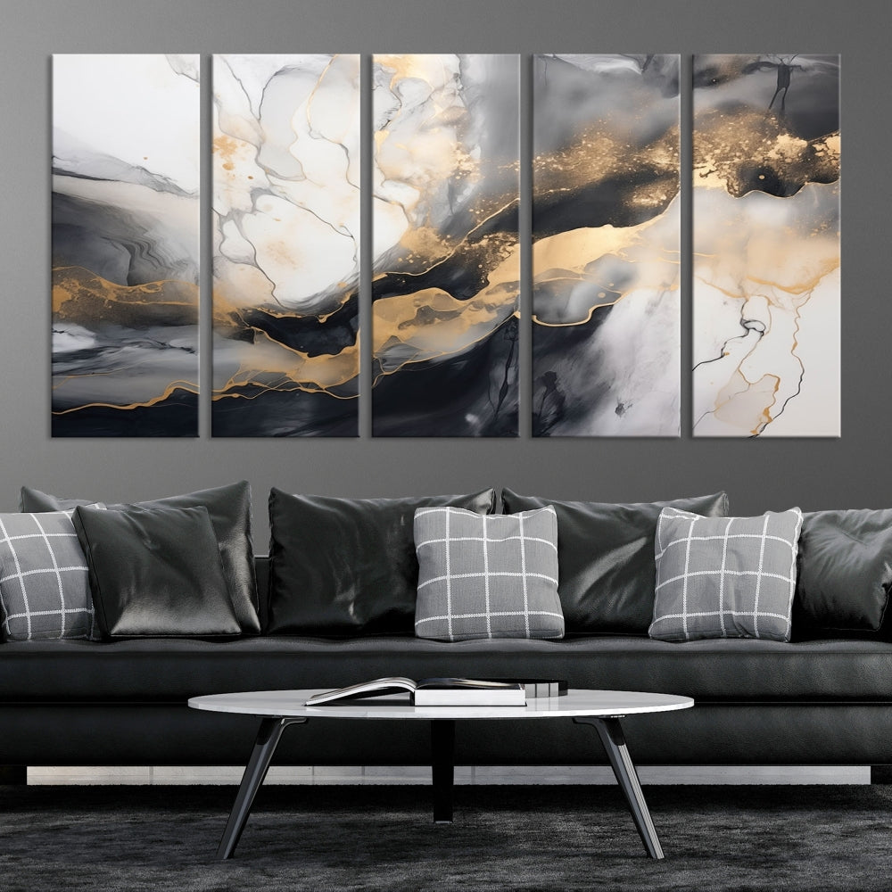 Gold Gray Painting Modern Canvas Wall Art Print Framed Abstract Wall Decor