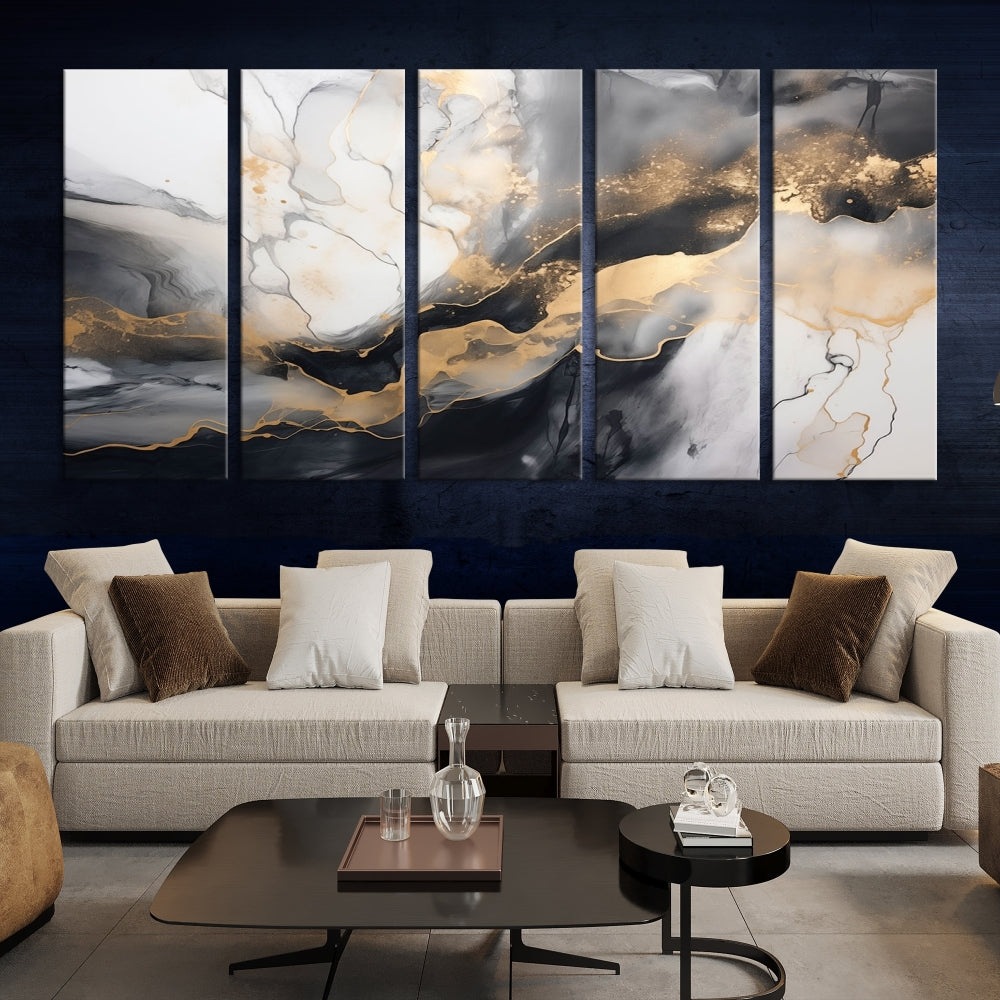 Gold Gray Painting Modern Canvas Wall Art Print Framed Abstract Wall Decor