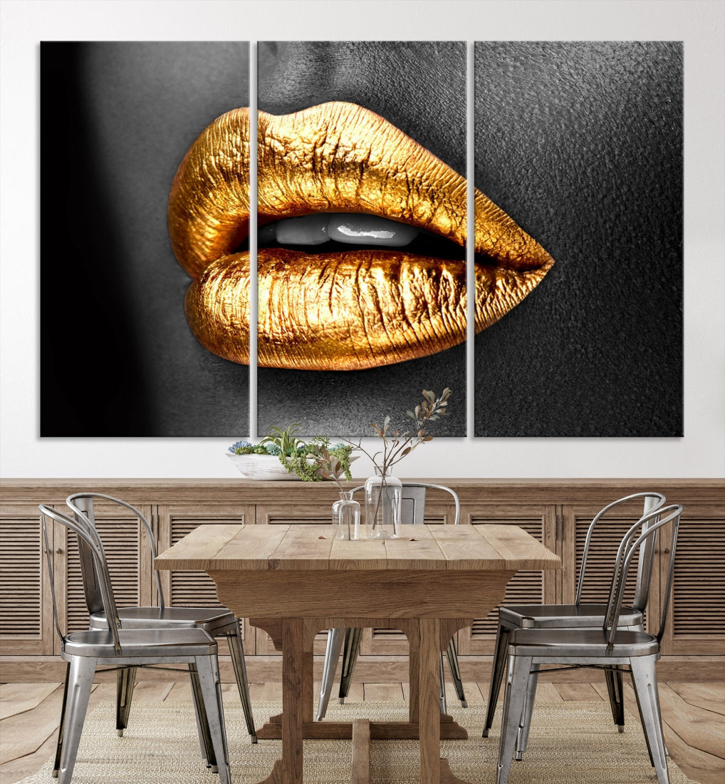 Gold Lips Canvas Wall Art Print Makeup Wall Art Fashion Beauty Art Stylish Home Decor Lips Canvas Print Framed Ready to