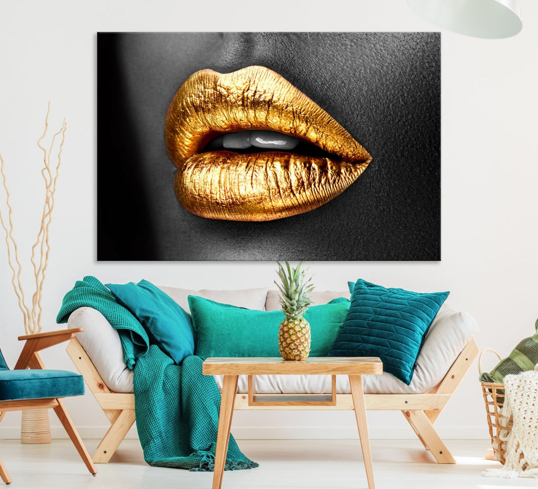 Gold Lips Canvas Wall Art Print Makeup Wall Art Fashion Beauty Art Stylish Home Decor Lips Canvas Print Framed Ready to