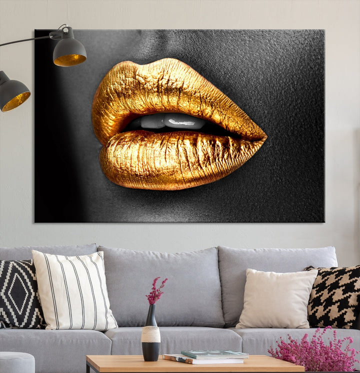 Gold Lips Canvas Wall Art Print Makeup Wall Art Fashion Beauty Art Stylish Home Decor Lips Canvas Print Framed Ready to