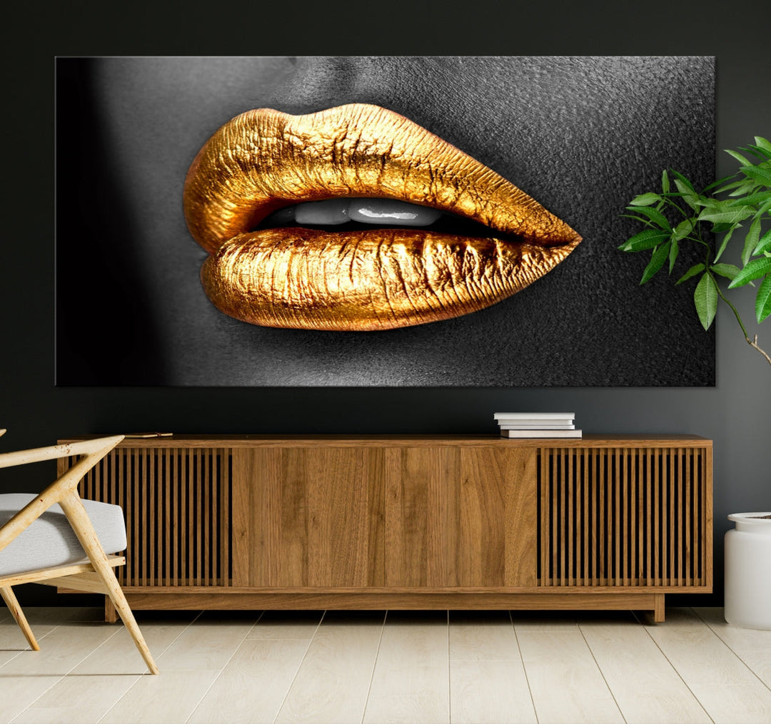 Gold Lips Canvas Wall Art Print Makeup Wall Art Fashion Beauty Art Stylish Home Decor Lips Canvas Print Framed Ready to