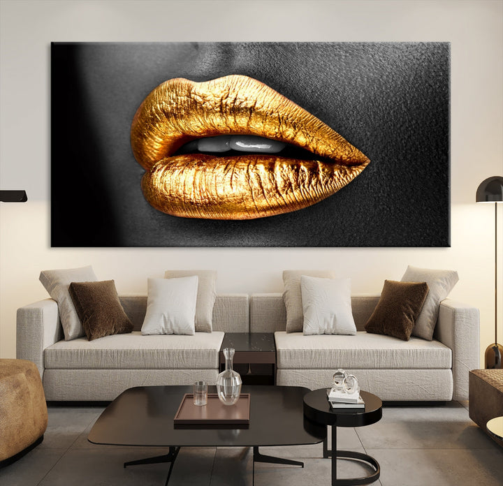 Gold Lips Canvas Wall Art Print Makeup Wall Art Fashion Beauty Art Stylish Home Decor Lips Canvas Print Framed Ready to