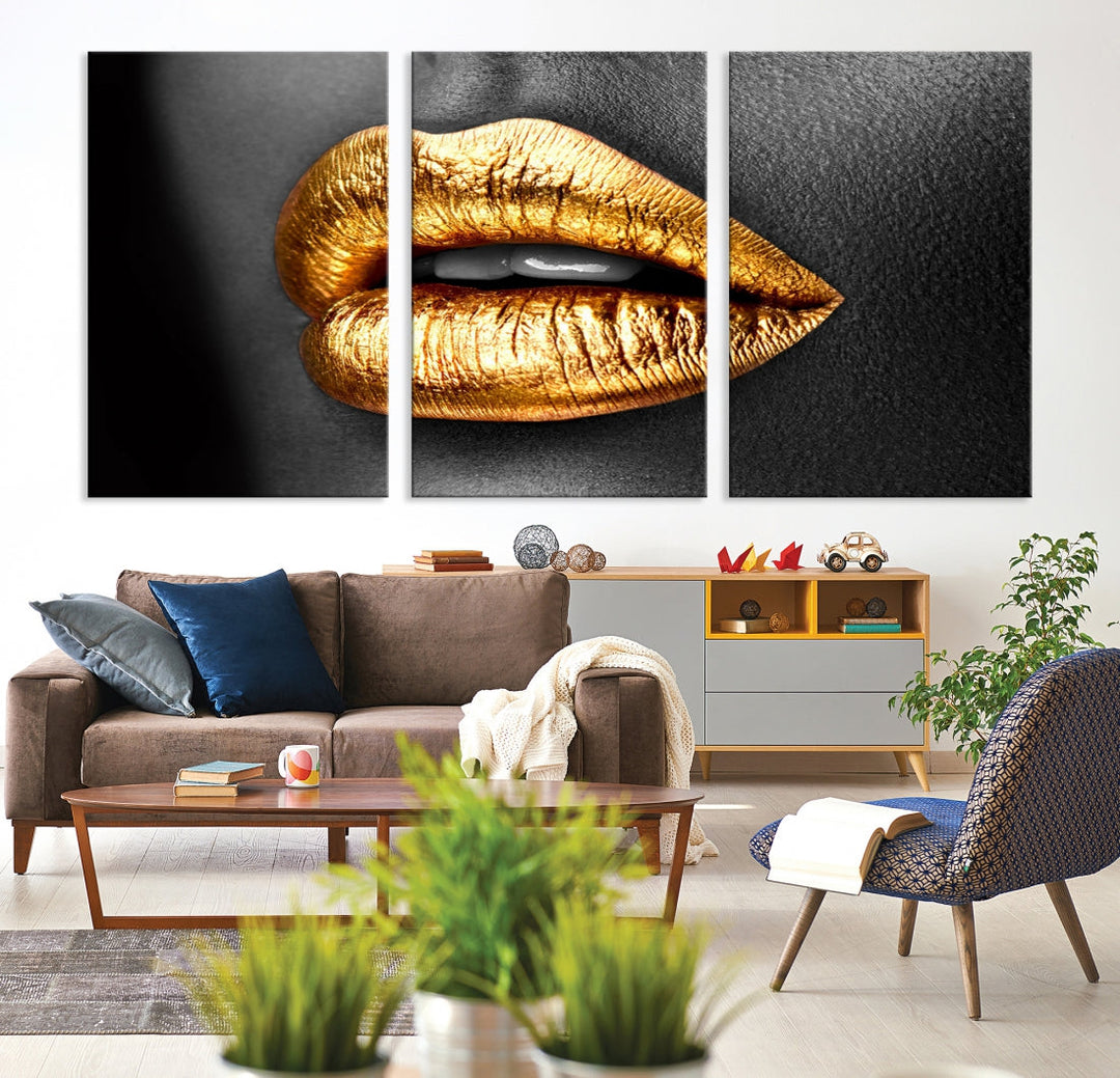 Gold Lips Canvas Wall Art Print Makeup Wall Art Fashion Beauty Art Stylish Home Decor Lips Canvas Print Framed Ready to