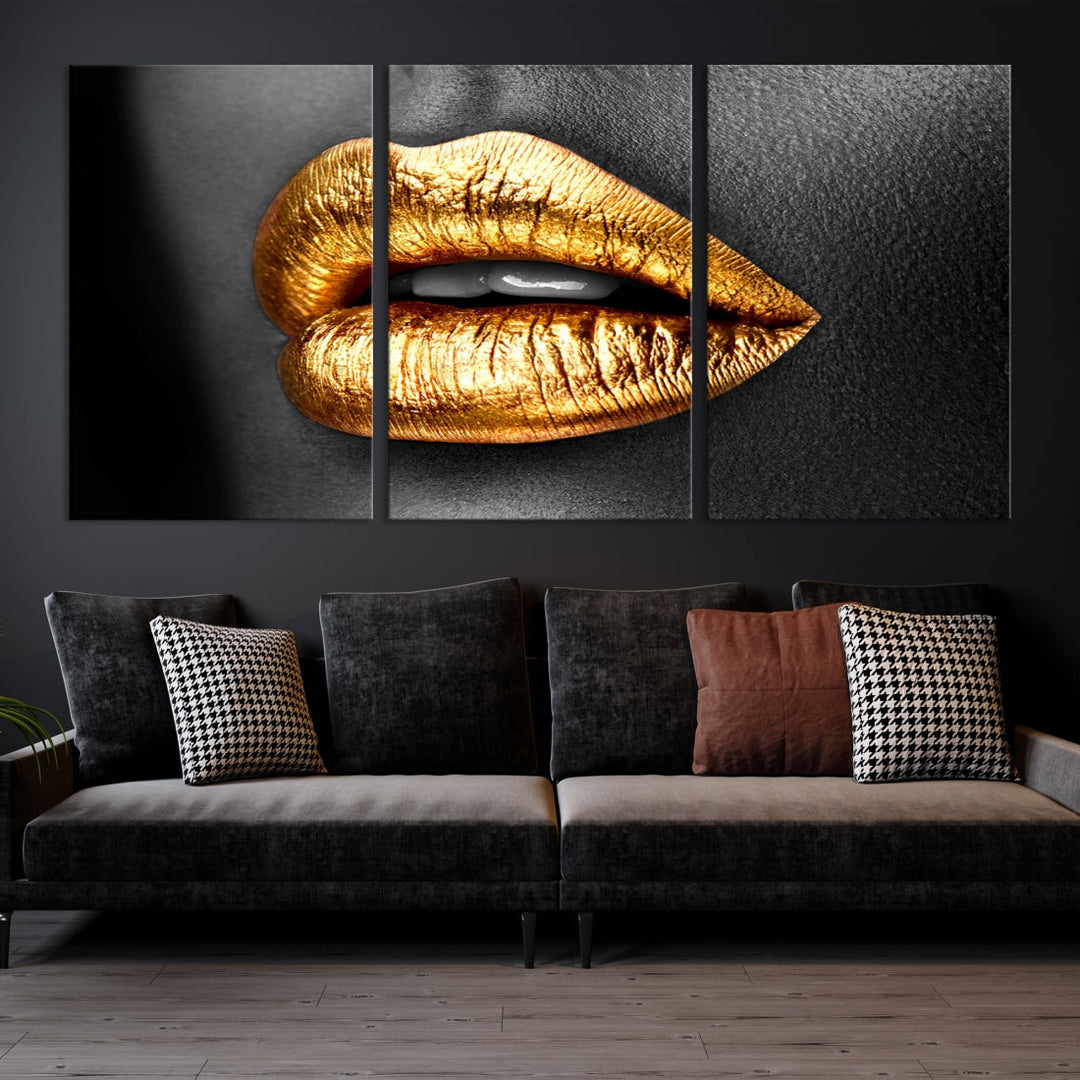 Gold Lips Canvas Wall Art Print Makeup Wall Art Fashion Beauty Art Stylish Home Decor Lips Canvas Print Framed Ready to