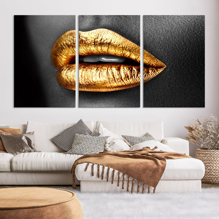 Gold Lips Canvas Wall Art Print Makeup Wall Art Fashion Beauty Art Stylish Home Decor Lips Canvas Print Framed Ready to