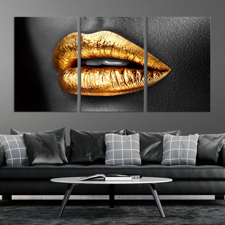 Gold Lips Canvas Wall Art Print Makeup Wall Art Fashion Beauty Art Stylish Home Decor Lips Canvas Print Framed Ready to