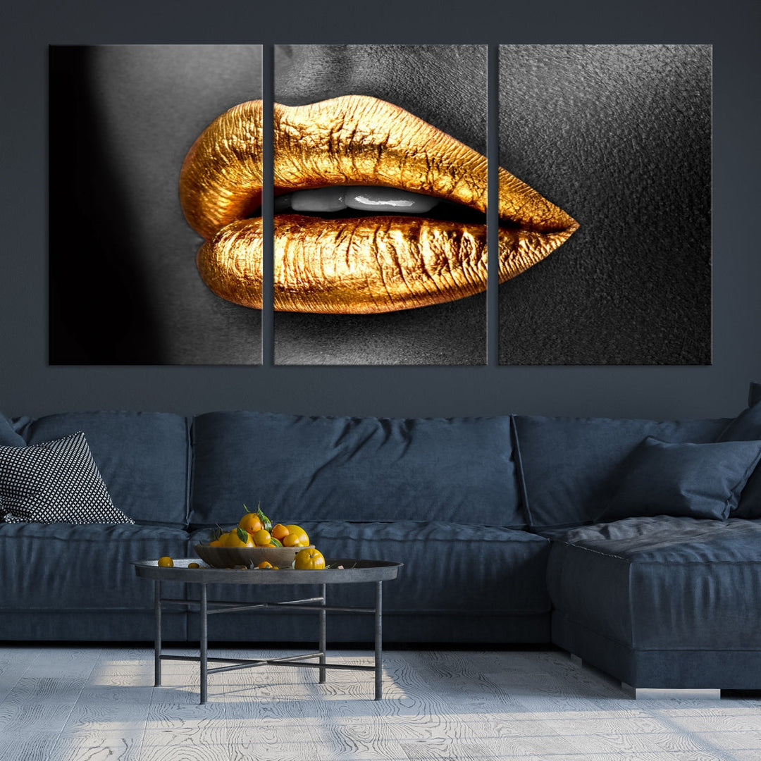 Gold Lips Canvas Wall Art Print Makeup Wall Art Fashion Beauty Art Stylish Home Decor Lips Canvas Print Framed Ready to