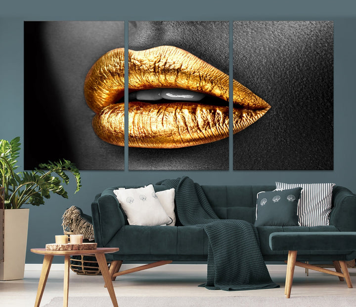 Gold Lips Canvas Wall Art Print Makeup Wall Art Fashion Beauty Art Stylish Home Decor Lips Canvas Print Framed Ready to