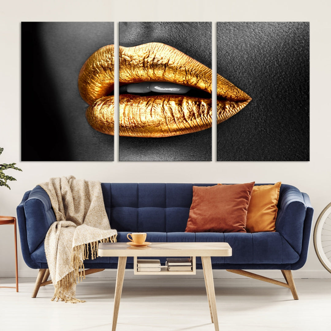 Gold Lips Canvas Wall Art Print Makeup Wall Art Fashion Beauty Art Stylish Home Decor Lips Canvas Print Framed Ready to