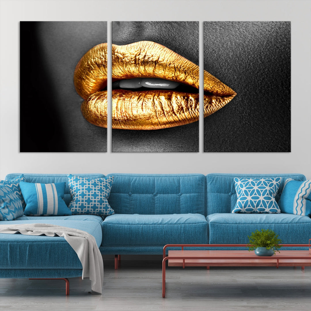 Gold Lips Canvas Wall Art Print Makeup Wall Art Fashion Beauty Art Stylish Home Decor Lips Canvas Print Framed Ready to