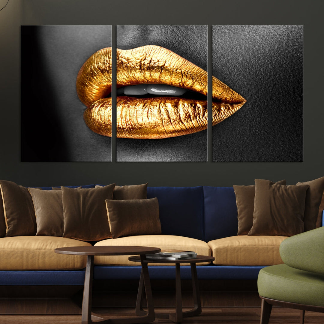 Gold Lips Canvas Wall Art Print Makeup Wall Art Fashion Beauty Art Stylish Home Decor Lips Canvas Print Framed Ready to