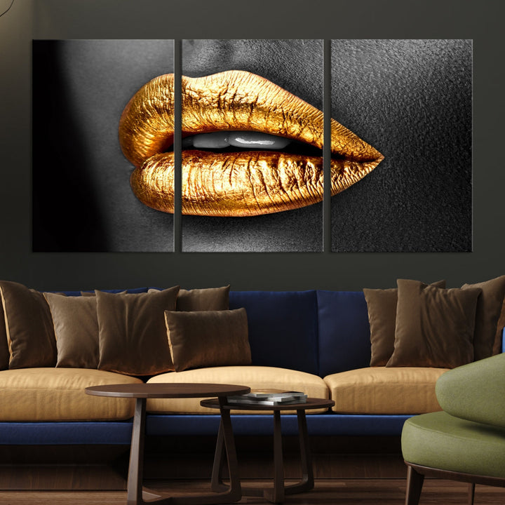 Gold Lips Canvas Wall Art Print Makeup Wall Art Fashion Beauty Art Stylish Home Decor Lips Canvas Print Framed Ready to