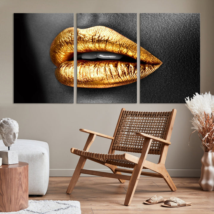 Gold Lips Canvas Wall Art Print Makeup Wall Art Fashion Beauty Art Stylish Home Decor Lips Canvas Print Framed Ready to