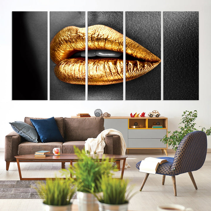 Gold Lips Canvas Wall Art Print Makeup Wall Art Fashion Beauty Art Stylish Home Decor Lips Canvas Print Framed Ready to