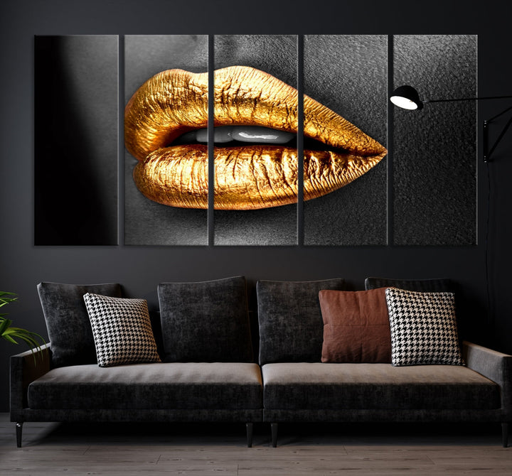 Gold Lips Canvas Wall Art Print Makeup Wall Art Fashion Beauty Art Stylish Home Decor Lips Canvas Print Framed Ready to