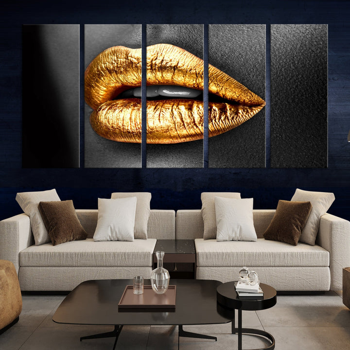 Gold Lips Canvas Wall Art Print Makeup Wall Art Fashion Beauty Art Stylish Home Decor Lips Canvas Print Framed Ready to