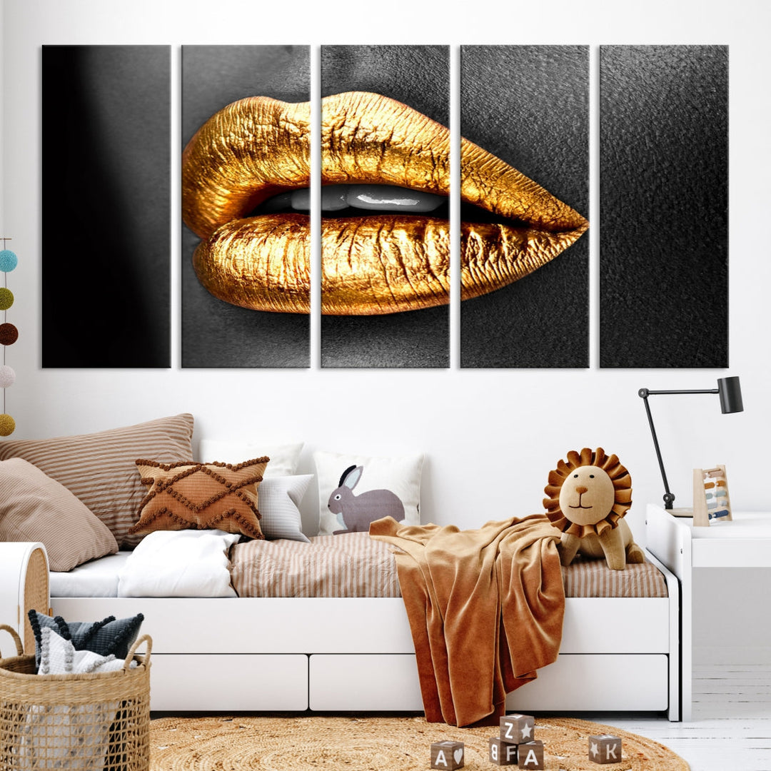 Gold Lips Canvas Wall Art Print Makeup Wall Art Fashion Beauty Art Stylish Home Decor Lips Canvas Print Framed Ready to