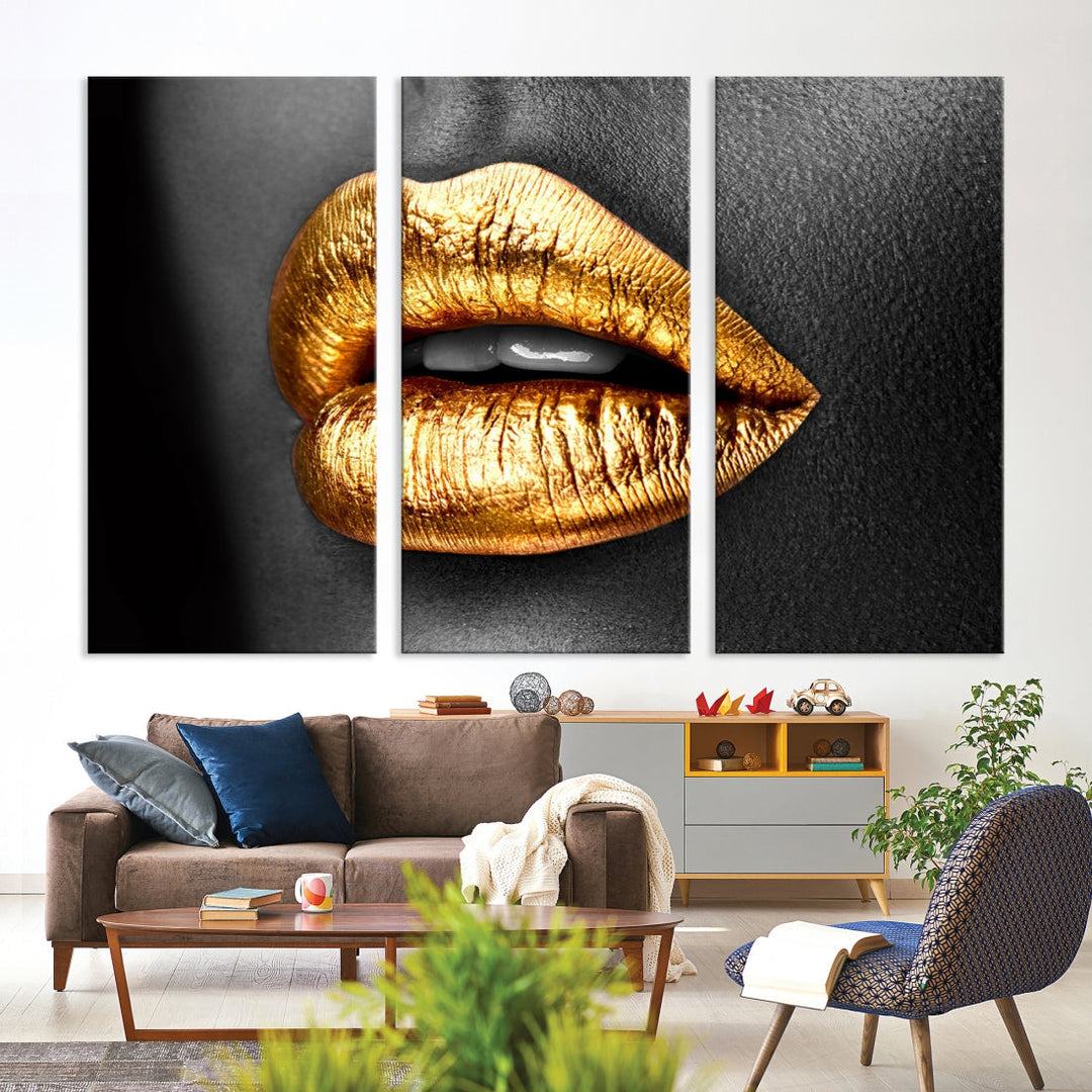 Gold Lips Canvas Wall Art Print Makeup Wall Art Fashion Beauty Art Stylish Home Decor Lips Canvas Print Framed Ready to