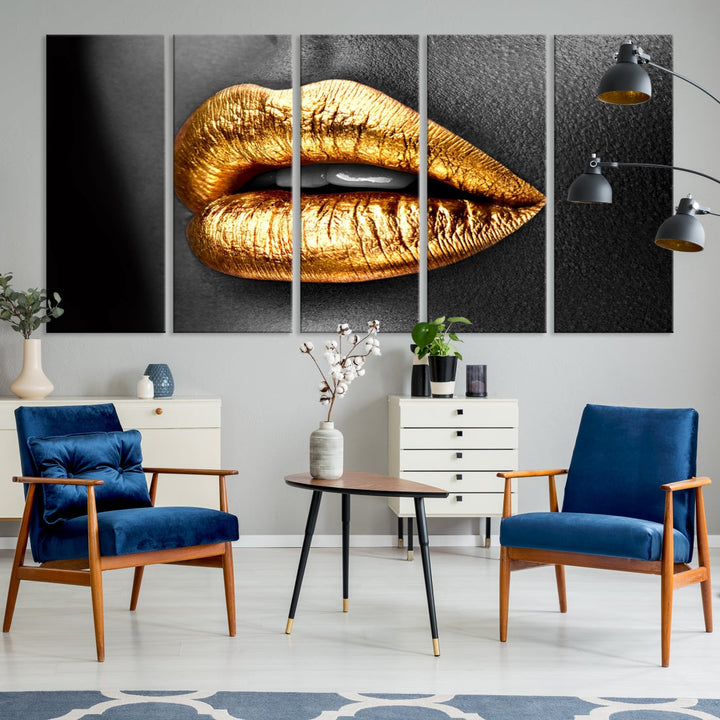 Gold Lips Canvas Wall Art Print Makeup Wall Art Fashion Beauty Art Stylish Home Decor Lips Canvas Print Framed Ready to