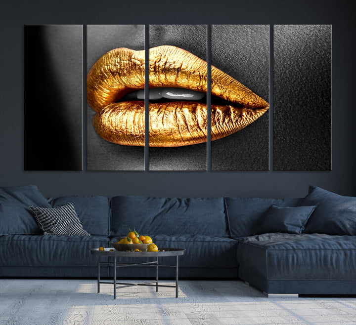 Gold Lips Canvas Wall Art Print Makeup Wall Art Fashion Beauty Art Stylish Home Decor Lips Canvas Print Framed Ready to