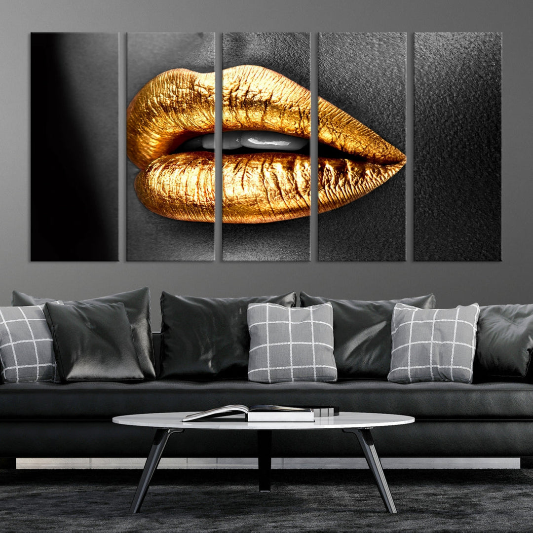 Gold Lips Canvas Wall Art Print Makeup Wall Art Fashion Beauty Art Stylish Home Decor Lips Canvas Print Framed Ready to