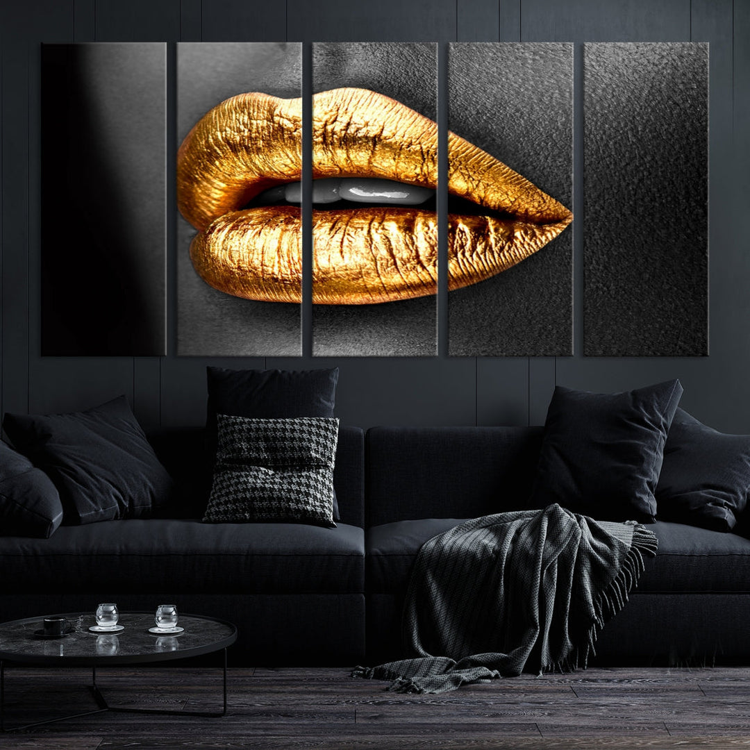 Gold Lips Canvas Wall Art Print Makeup Wall Art Fashion Beauty Art Stylish Home Decor Lips Canvas Print Framed Ready to