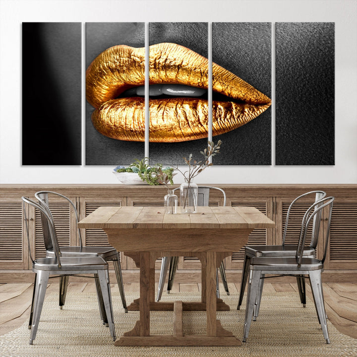 Gold Lips Canvas Wall Art Print Makeup Wall Art Fashion Beauty Art Stylish Home Decor Lips Canvas Print Framed Ready to