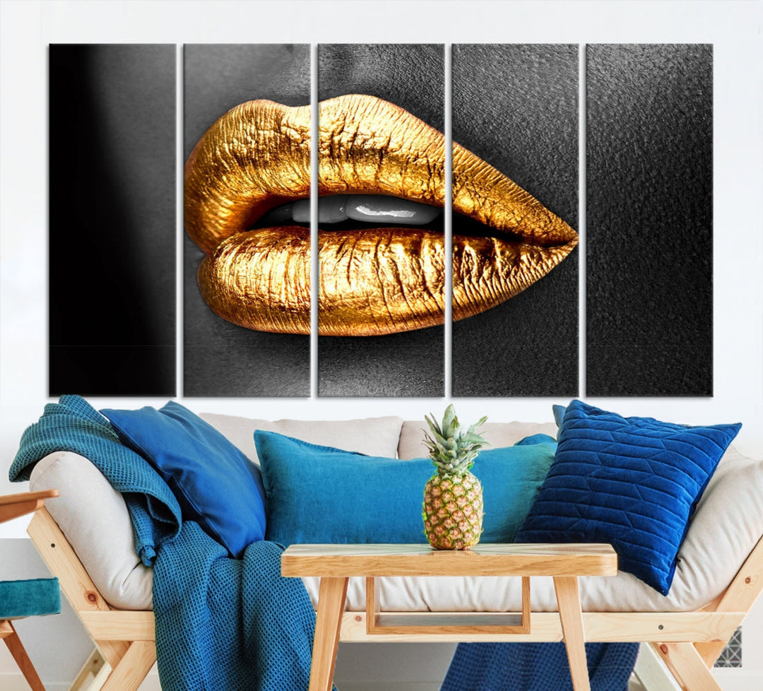 Gold Lips Canvas Wall Art Print Makeup Wall Art Fashion Beauty Art Stylish Home Decor Lips Canvas Print Framed Ready to