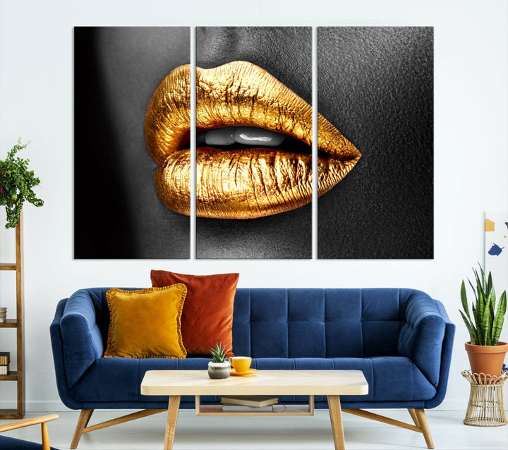 Gold Lips Canvas Wall Art Print Makeup Wall Art Fashion Beauty Art Stylish Home Decor Lips Canvas Print Framed Ready to