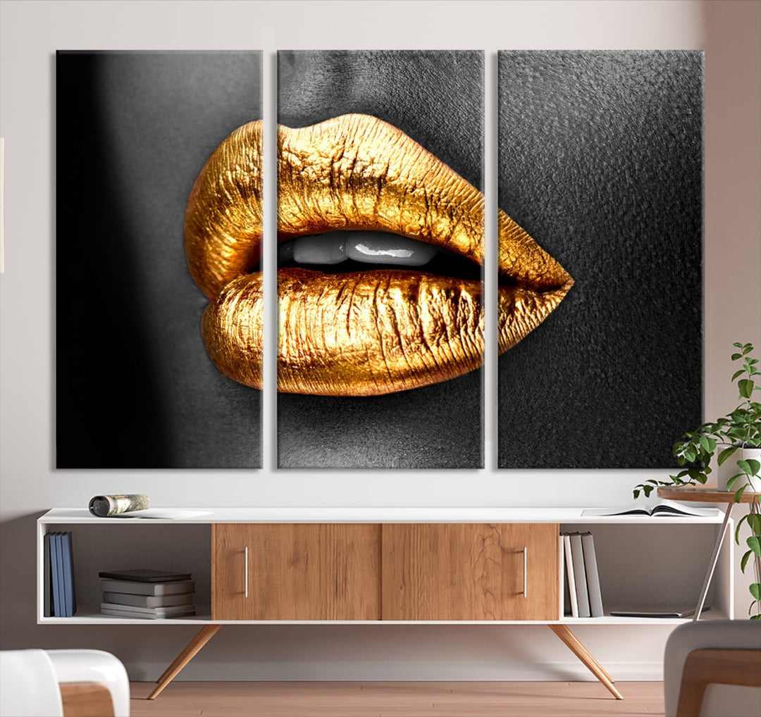 Gold Lips Canvas Wall Art Print Makeup Wall Art Fashion Beauty Art Stylish Home Decor Lips Canvas Print Framed Ready to