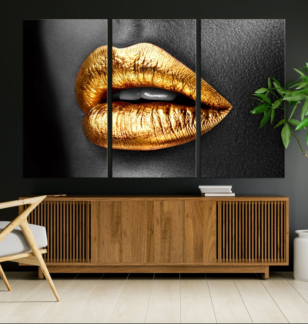 Gold Lips Canvas Wall Art Print Makeup Wall Art Fashion Beauty Art Stylish Home Decor Lips Canvas Print Framed Ready to