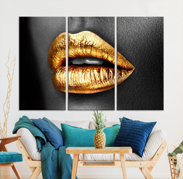 Gold Lips Canvas Wall Art Print Makeup Wall Art Fashion Beauty Art Stylish Home Decor Lips Canvas Print Framed Ready to