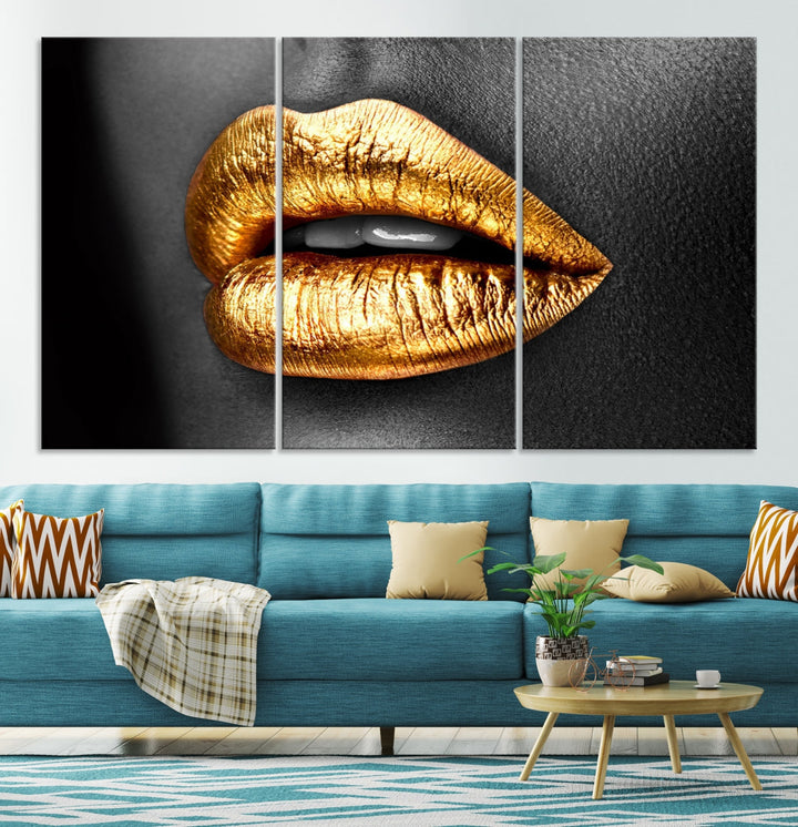 Gold Lips Canvas Wall Art Print Makeup Wall Art Fashion Beauty Art Stylish Home Decor Lips Canvas Print Framed Ready to