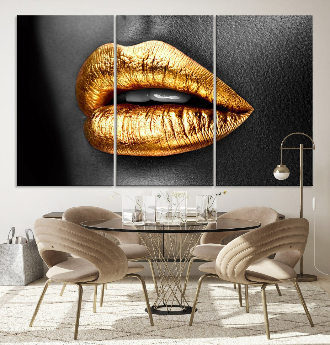 Gold Lips Canvas Wall Art Print Makeup Wall Art Fashion Beauty Art Stylish Home Decor Lips Canvas Print Framed Ready to