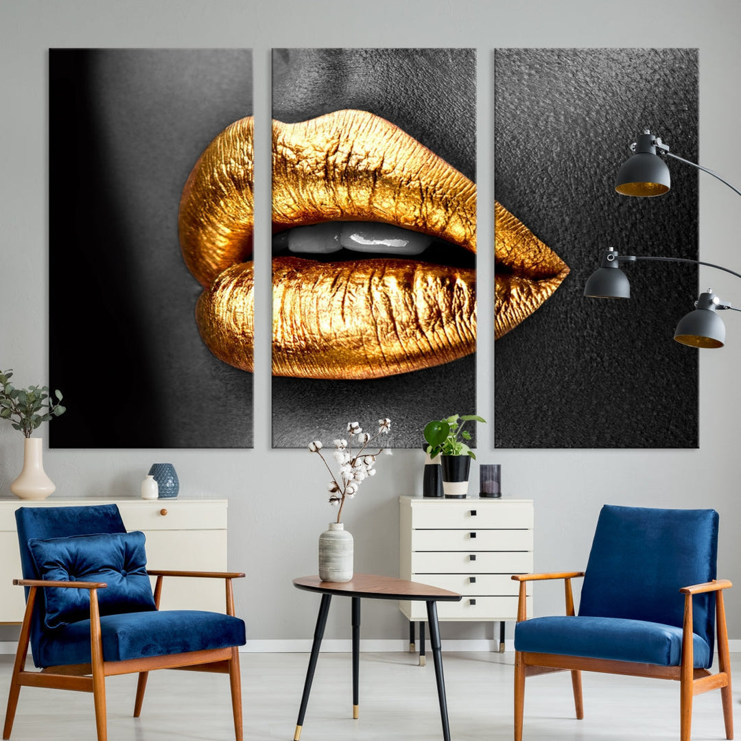 Gold Lips Canvas Wall Art Print Makeup Wall Art Fashion Beauty Art Stylish Home Decor Lips Canvas Print Framed Ready to