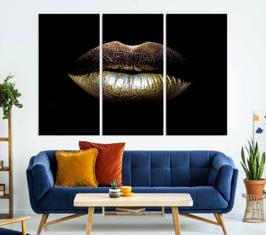 Gold Lips Makeup Trendy Wall Art Canvas Print Beauty Sensual Art Large Wall Decor