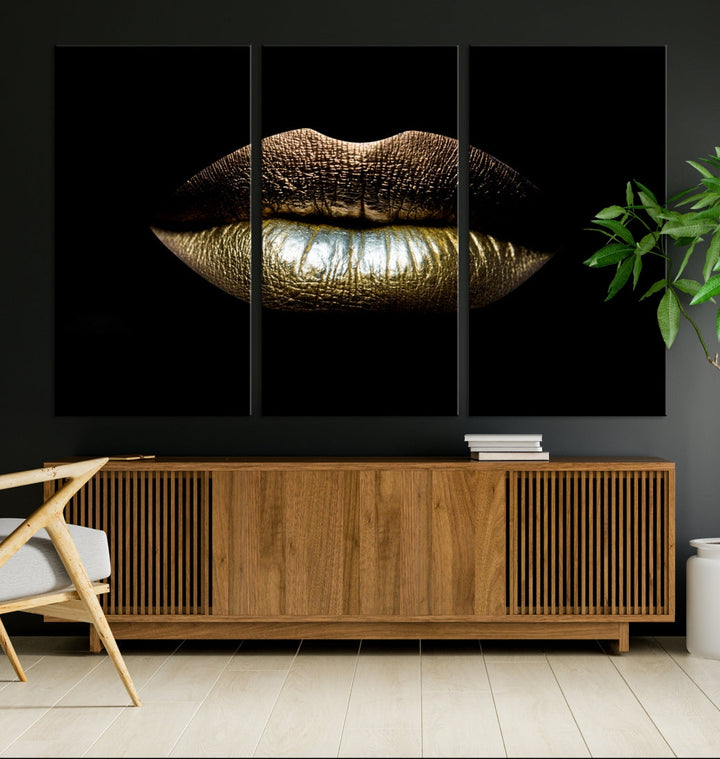 Gold Lips Makeup Trendy Wall Art Canvas Print Beauty Sensual Art Large Wall Decor