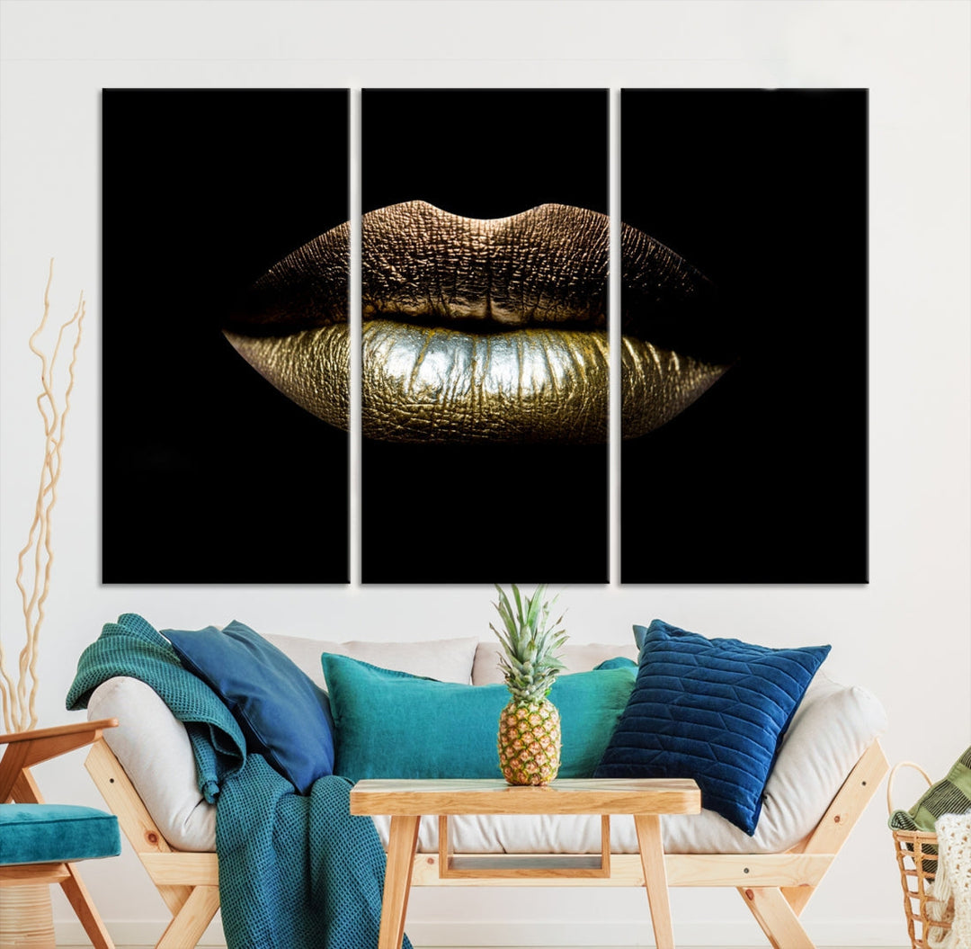 Gold Lips Makeup Trendy Wall Art Canvas Print Beauty Sensual Art Large Wall Decor