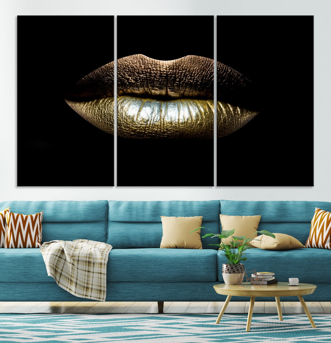 Gold Lips Makeup Trendy Wall Art Canvas Print Beauty Sensual Art Large Wall Decor