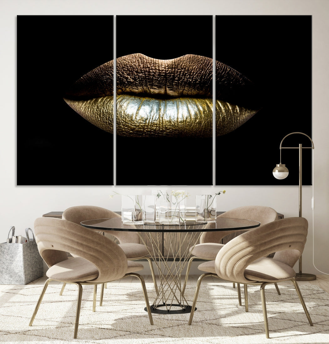 Gold Lips Makeup Trendy Wall Art Canvas Print Beauty Sensual Art Large Wall Decor