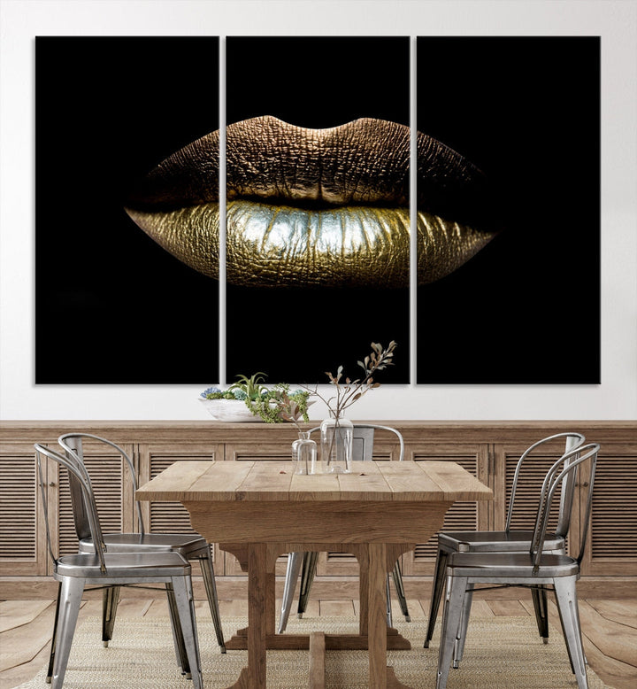 Gold Lips Makeup Trendy Wall Art Canvas Print Beauty Sensual Art Large Wall Decor