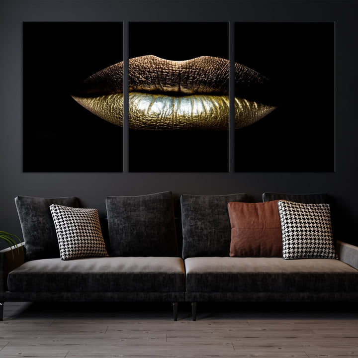 Gold Lips Makeup Trendy Wall Art Canvas Print Beauty Sensual Art Large Wall Decor