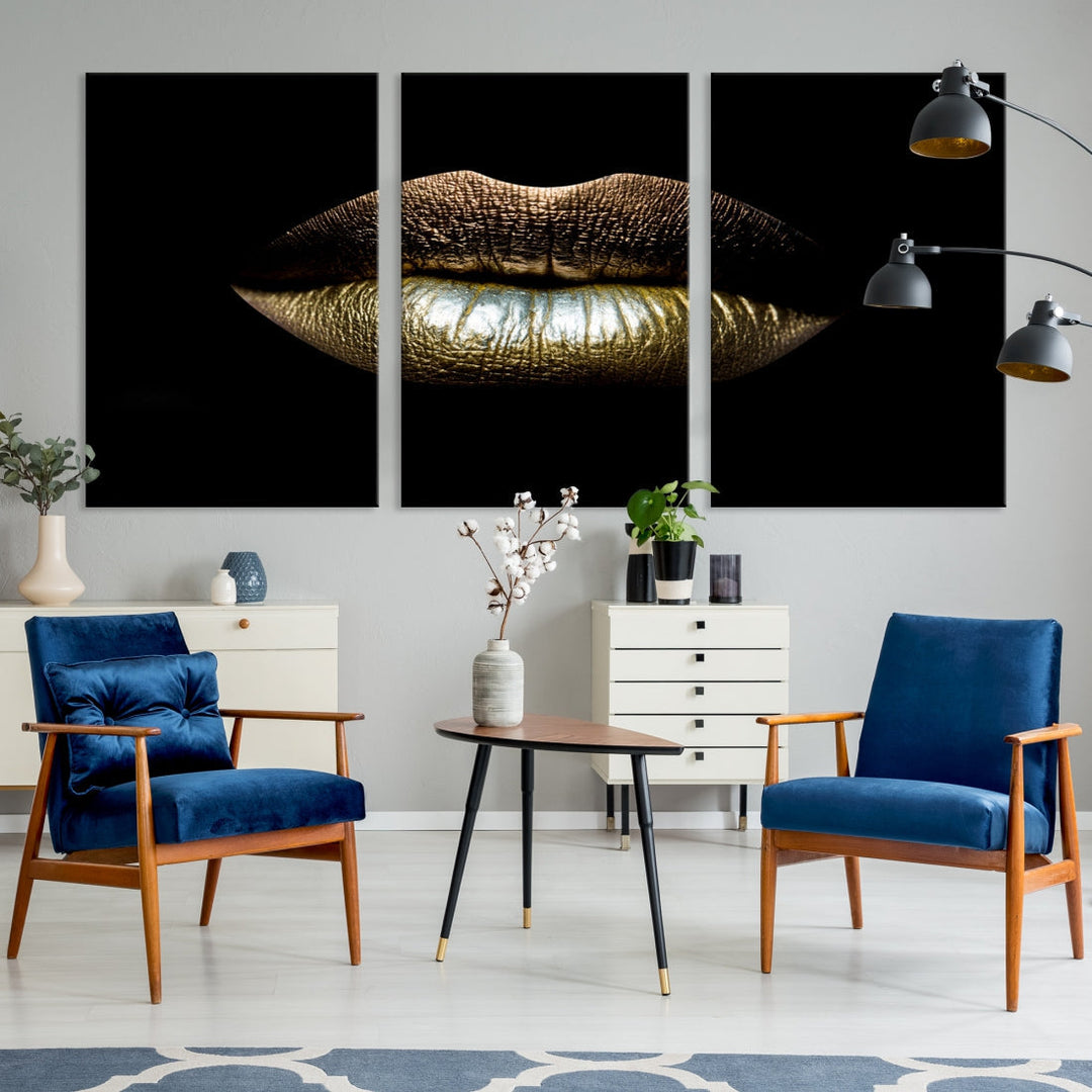 Gold Lips Makeup Trendy Wall Art Canvas Print Beauty Sensual Art Large Wall Decor