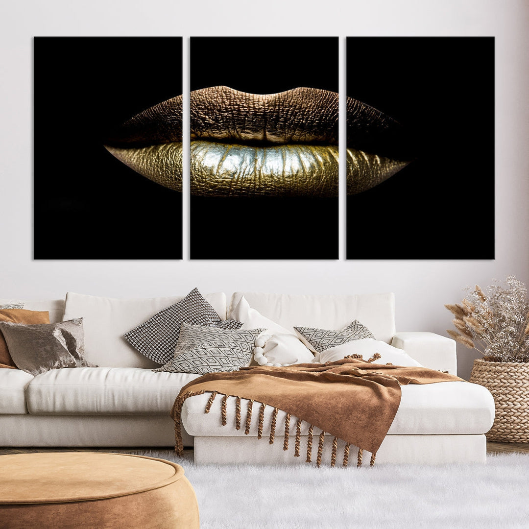 Gold Lips Makeup Trendy Wall Art Canvas Print Beauty Sensual Art Large Wall Decor