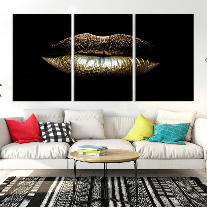 Gold Lips Makeup Trendy Wall Art Canvas Print Beauty Sensual Art Large Wall Decor