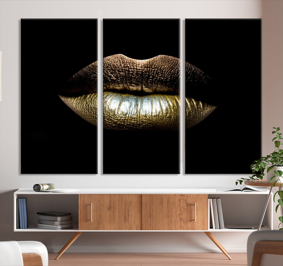 Gold Lips Makeup Trendy Wall Art Canvas Print Beauty Sensual Art Large Wall Decor