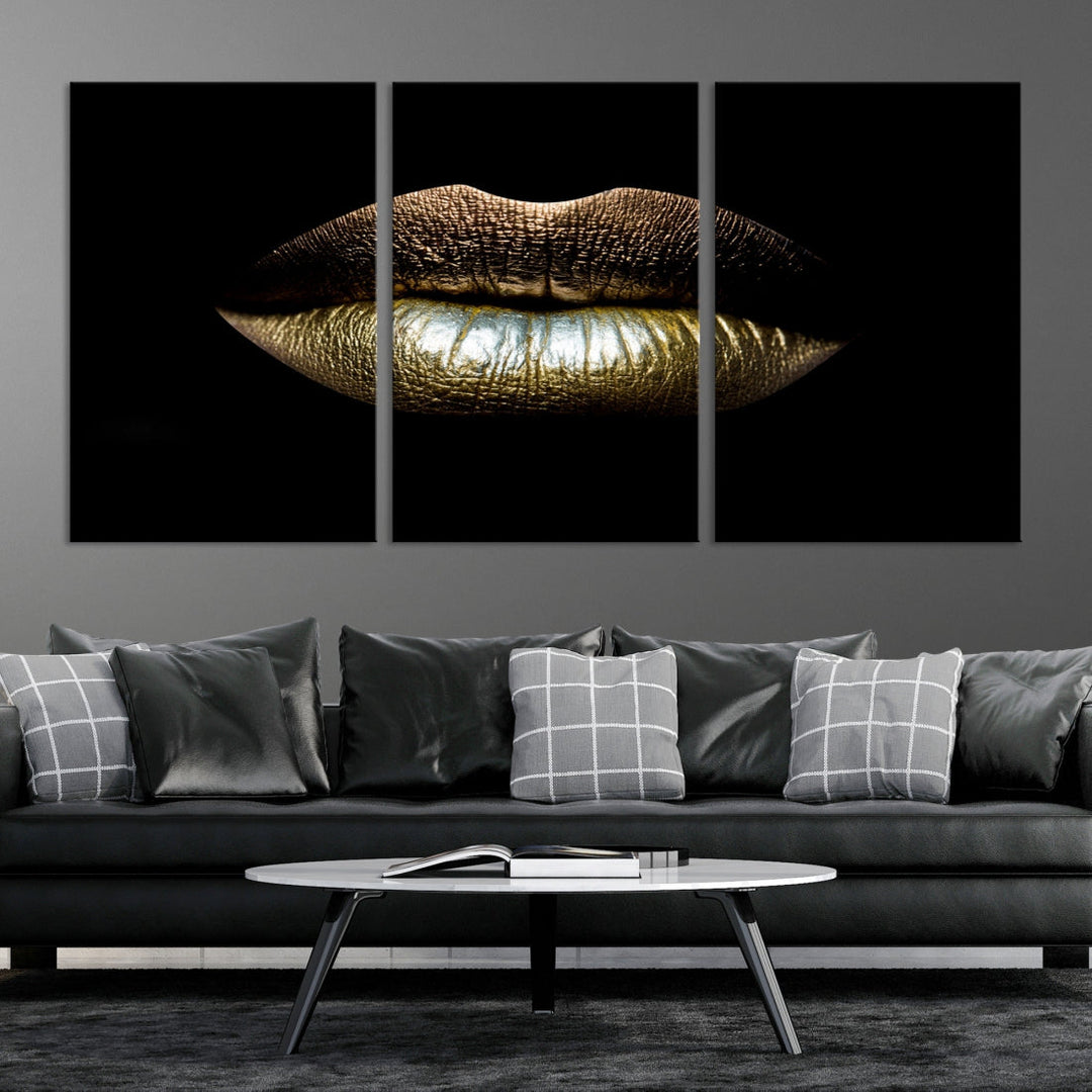 Gold Lips Makeup Trendy Wall Art Canvas Print Beauty Sensual Art Large Wall Decor