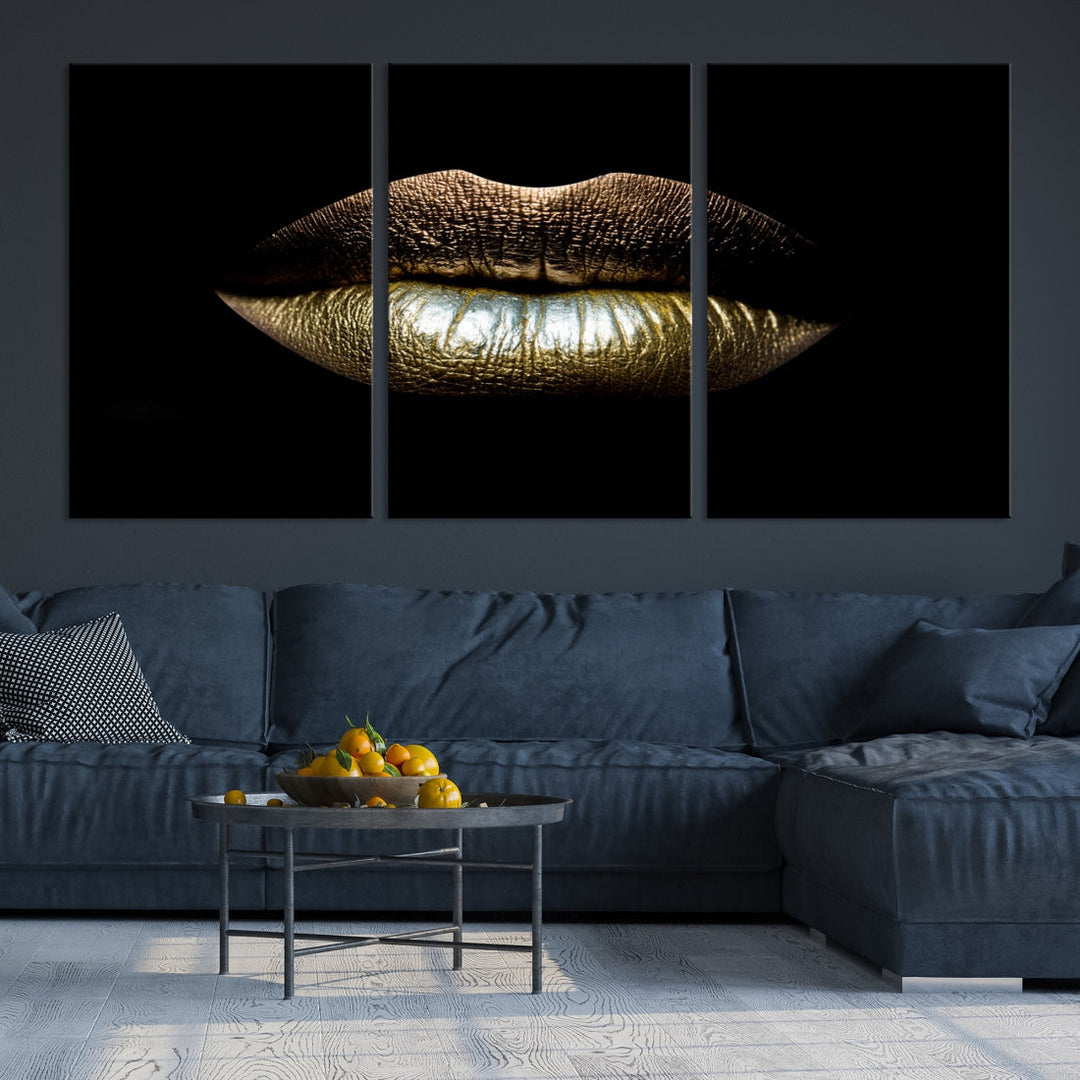 Gold Lips Makeup Trendy Wall Art Canvas Print Beauty Sensual Art Large Wall Decor